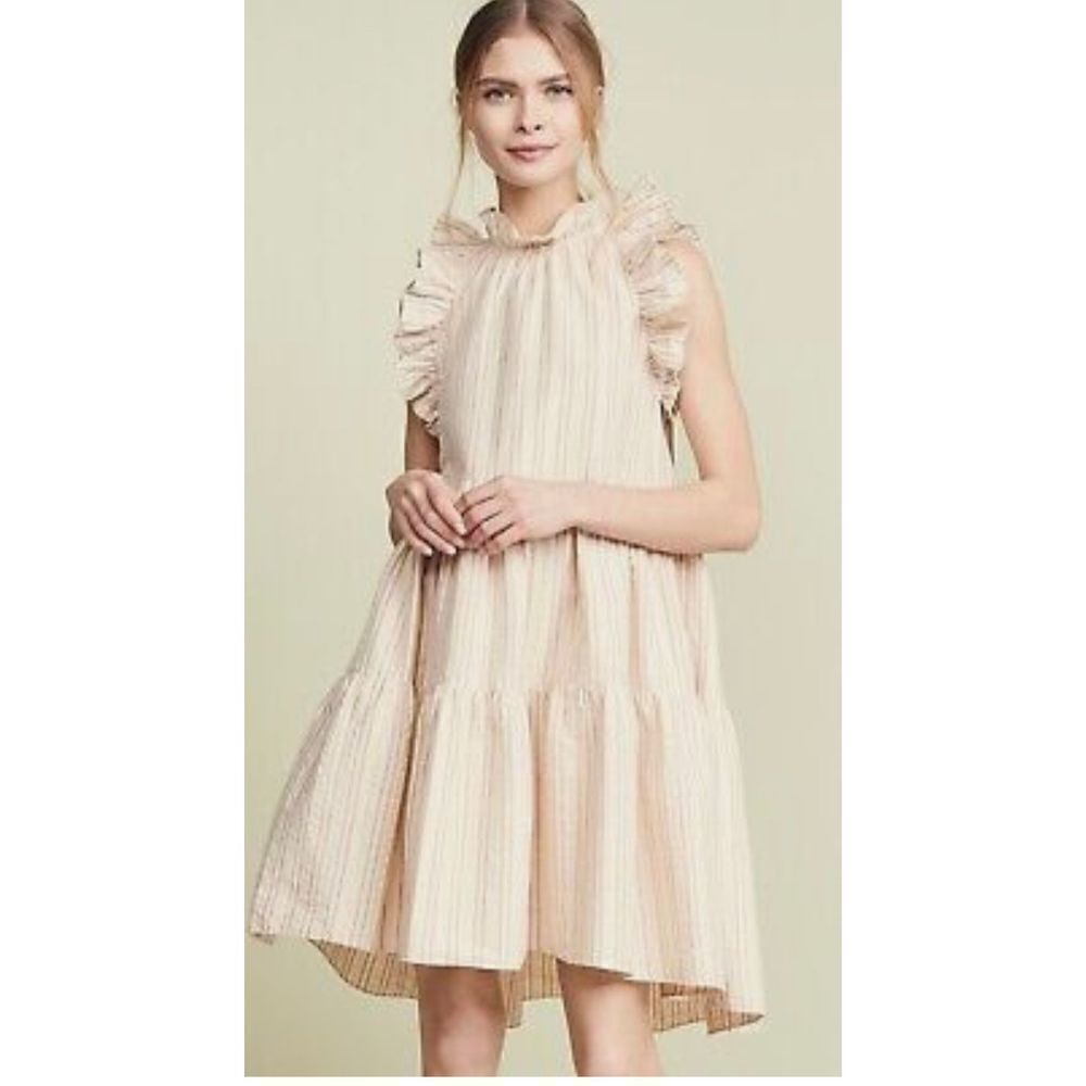 ULLA JOHNSON Tamsin Striped Cotton Ruffle Flutter Sleeve Trapeze Dress